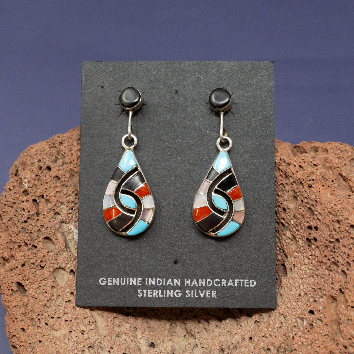 Sleeping Beauty Turquoise, Coral & Abalone 3 Teardrop Inlay Pendant Linked Necklace and Earring Set