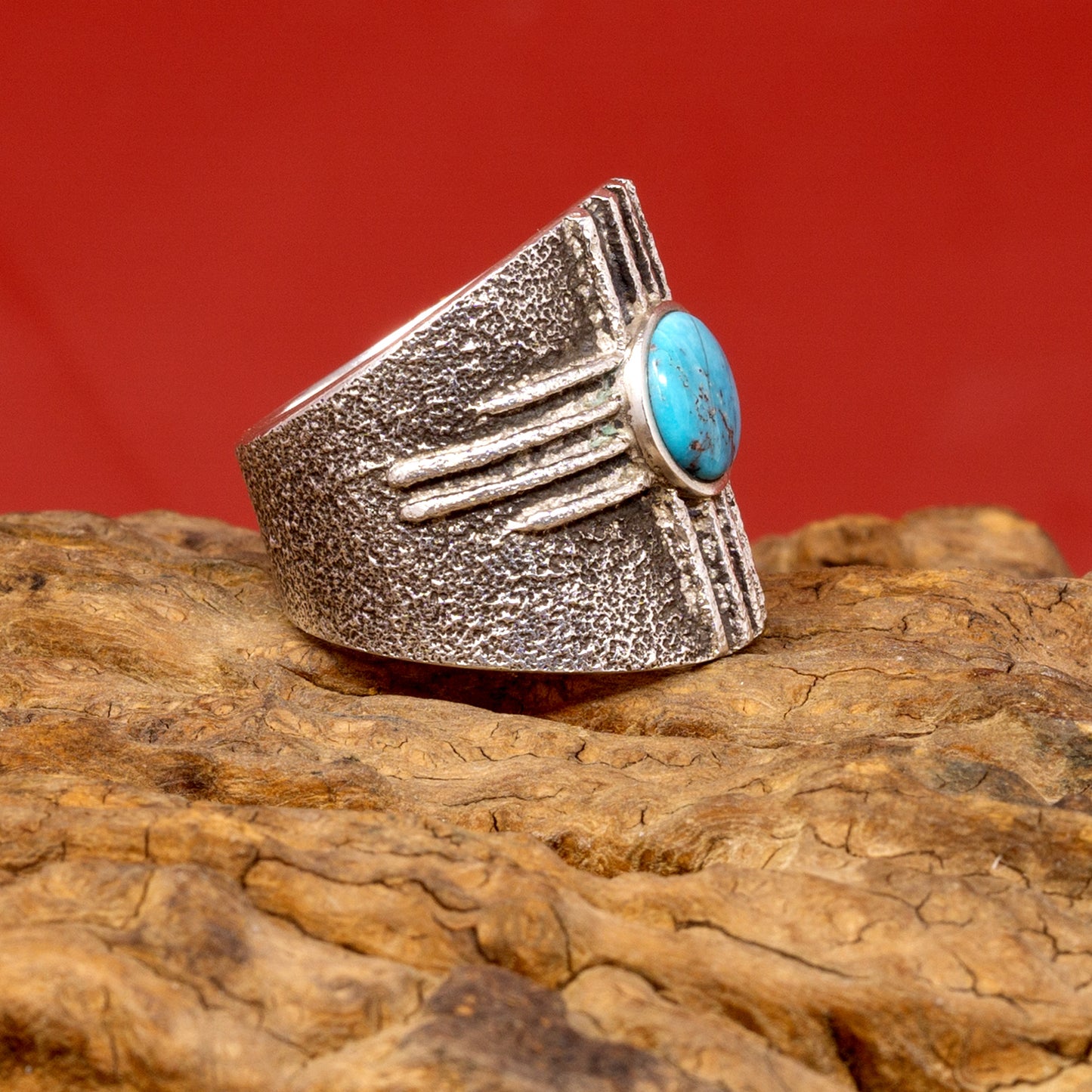Turquoise Cabochon Zia Pattern Cast Sterling Ring | Size 6.5