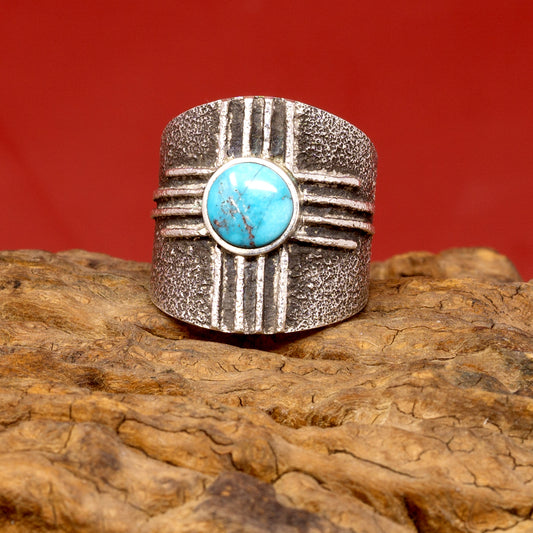 Turquoise Cabochon Zia Pattern Cast Sterling Ring | Size 6.5