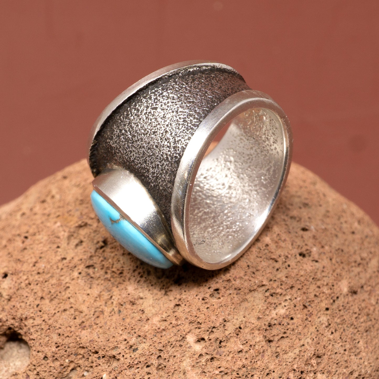Turquoise Cabochon Set in Cast Silver Band Ring | Size 8