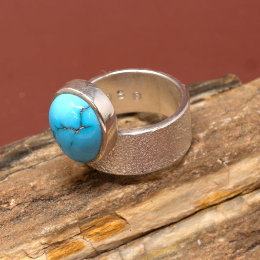 Turquoise Cabochon in Cast Silver Ring by DDB | Size 9