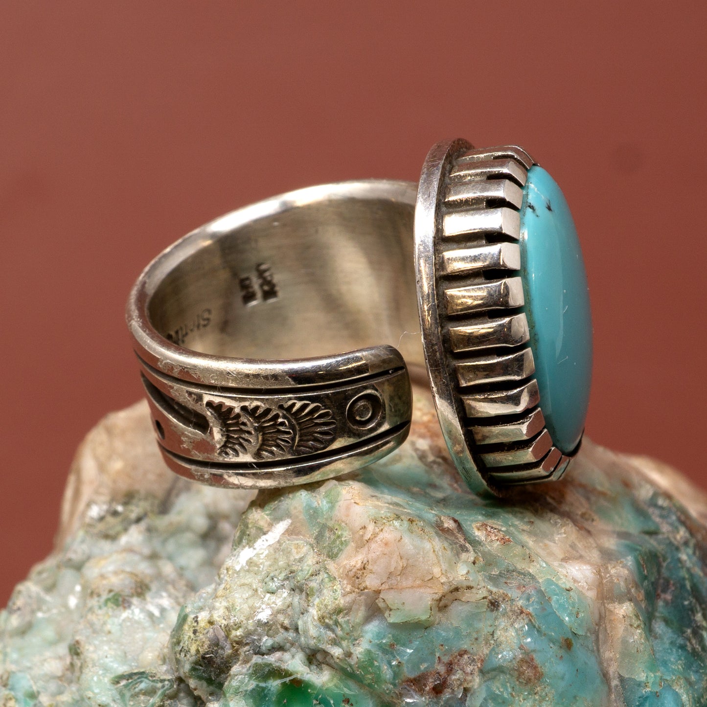 Turquoise Ring in Silver Setting with Stamped Band | Size 6.5
