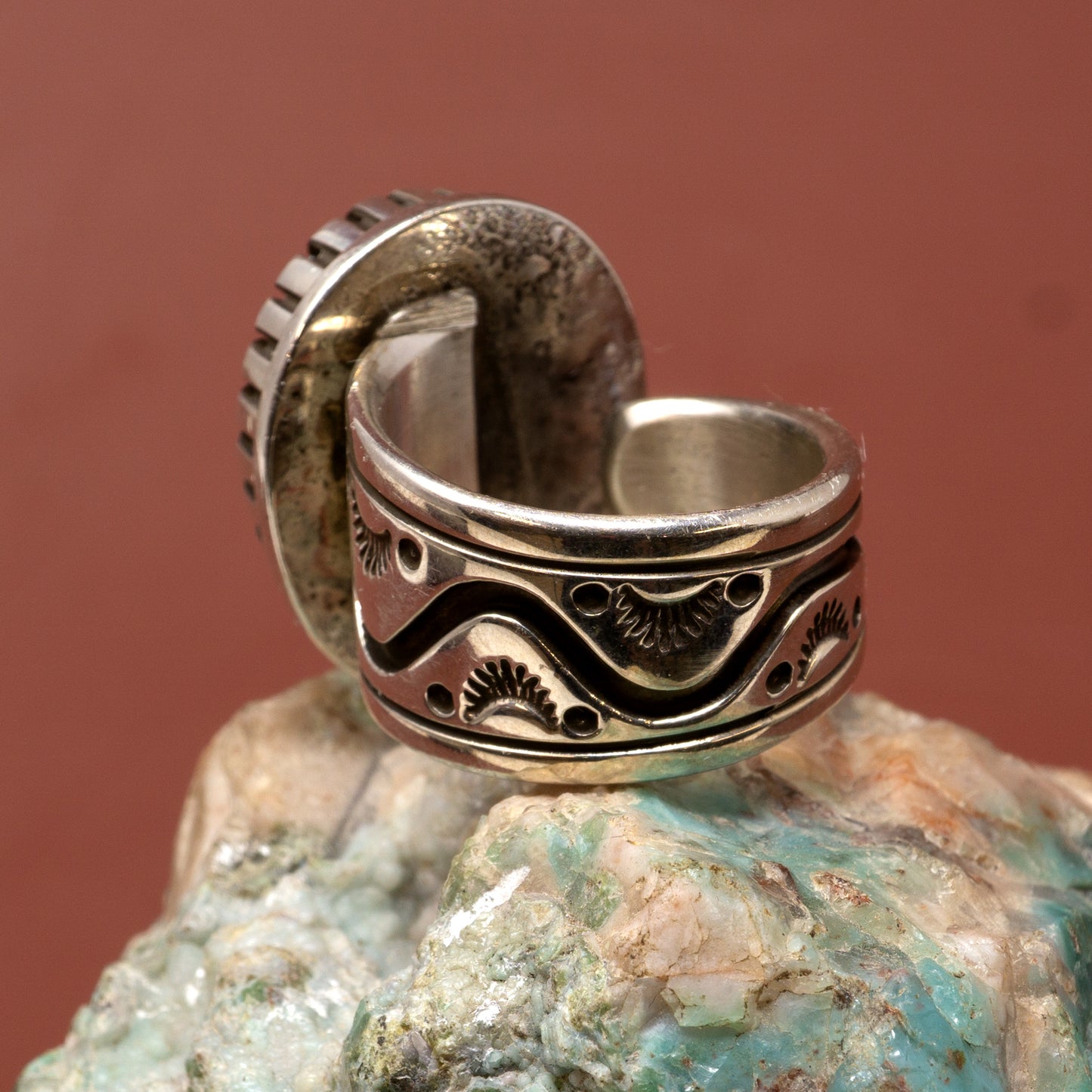 Turquoise Ring in Silver Setting with Stamped Band | Size 6.5