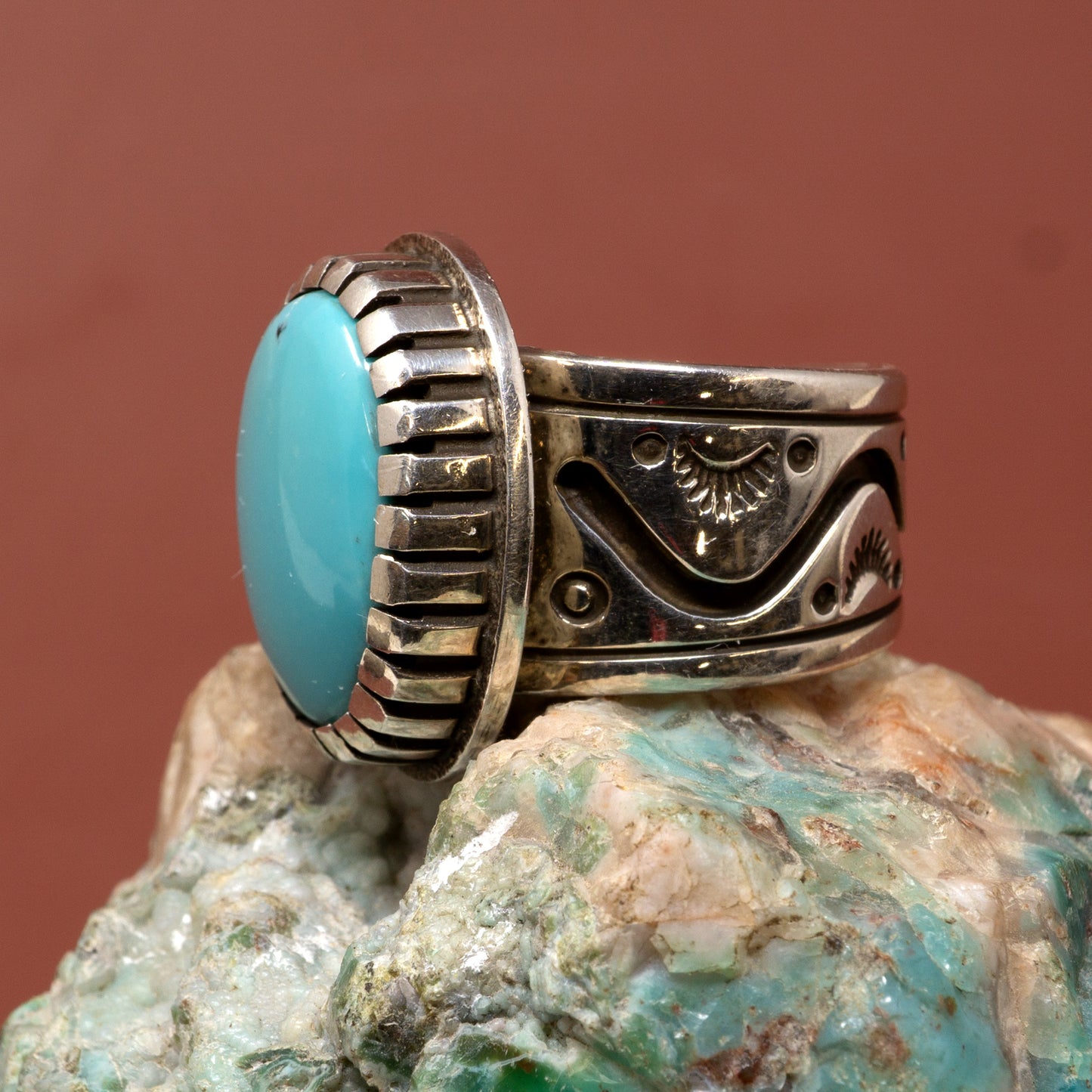 Turquoise Ring in Silver Setting with Stamped Band | Size 6.5
