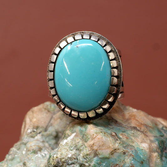 Turquoise Ring in Silver Setting with Stamped Band | Size 6.5