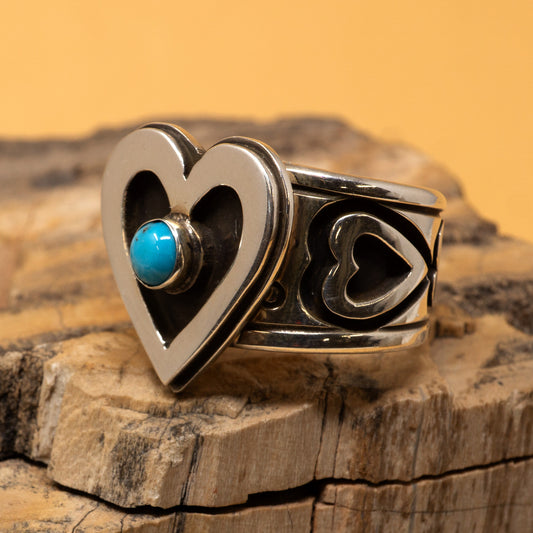 Turquoise in Sterling Silver Heart Setting with Stamped Band Ring | Size 8