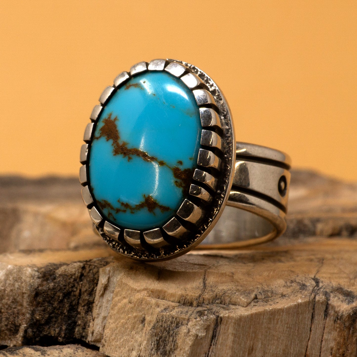 Turquoise Ring with Modern Setting & Stamped Silver Band | Size 7.5
