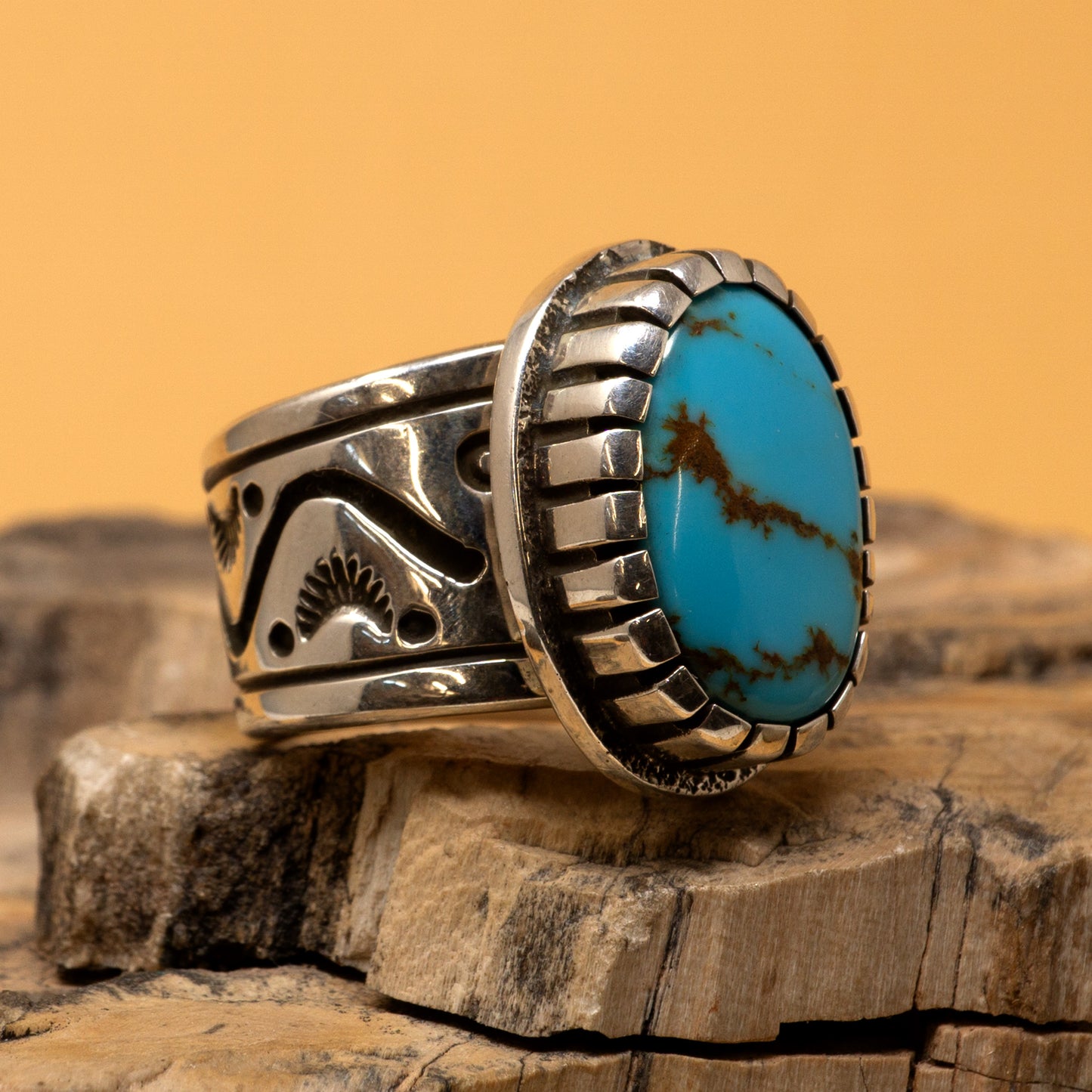 Turquoise Ring with Modern Setting & Stamped Silver Band | Size 7.5