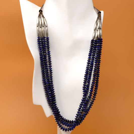 Lapis, Olive & Silver 4 Strand Beaded Necklace | Hook Clasp