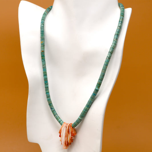 Turquoise Beads & Spiny Oyster Pendant Necklace by Priscilla Nieto