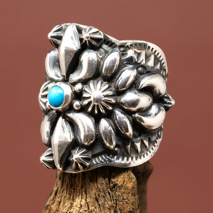 Turquoise Set in Ornate Silver Ring | Size 8.5