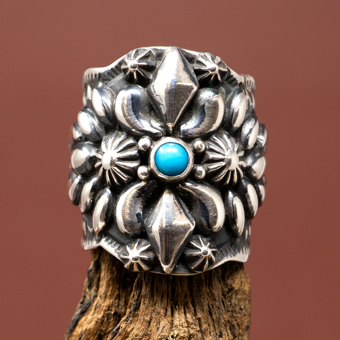 Turquoise Set in Ornate Silver Ring | Size 8.5