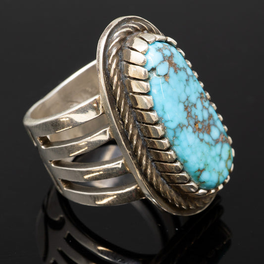 Indian Mountain Turquoise Ring Wide Overlay Silver Band Size 10.5 | Tommy Jackson