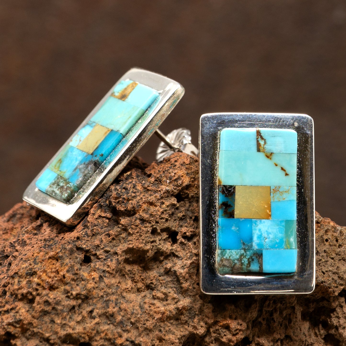 Multi-Stone & Turquoise Mosaic Tile Retangular Modern Earrings | Marie Jackson