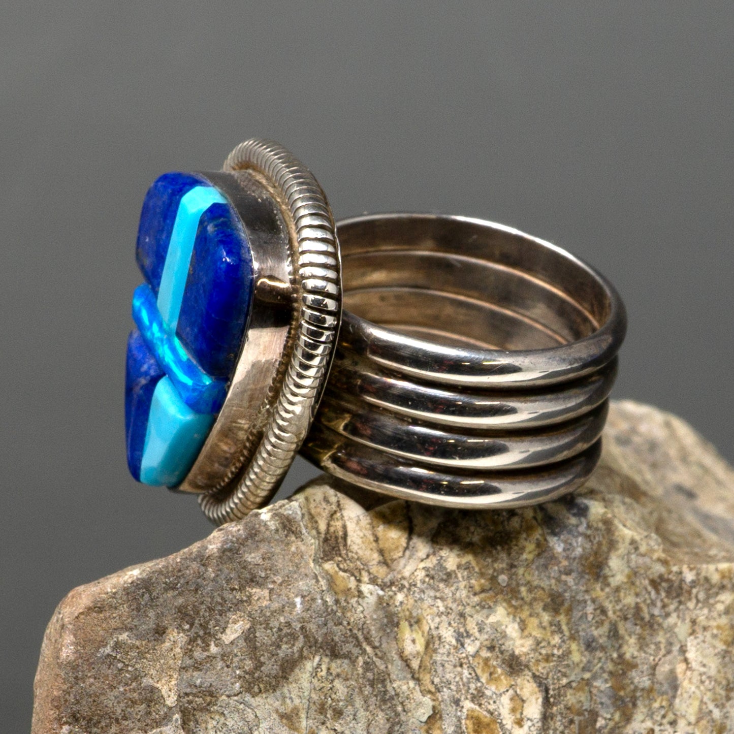 Turquoise, Lapis and Crushed Opal Cobblestone-Set Ring | Size 8.25