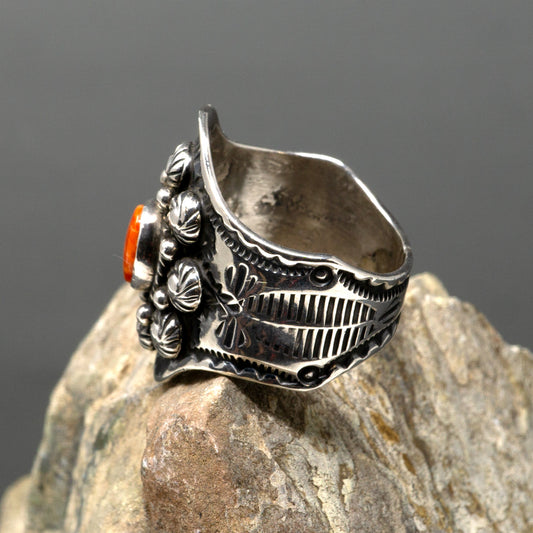 Stamped Silver Ring with Spiny Oyster Cabochon by Darryl Becenti | Size 9.5