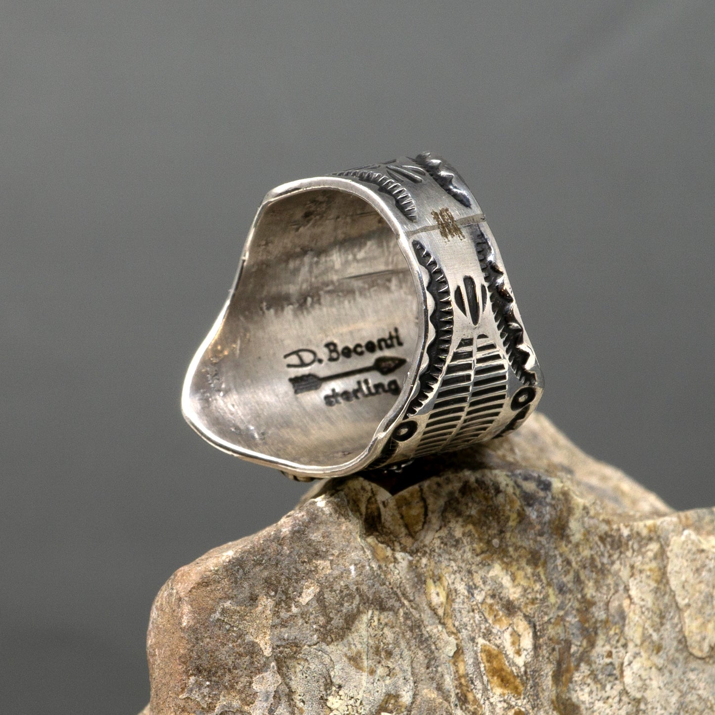 Stamped Silver Ring with Spiny Oyster Cabochon by Darryl Becenti | Size 9.5