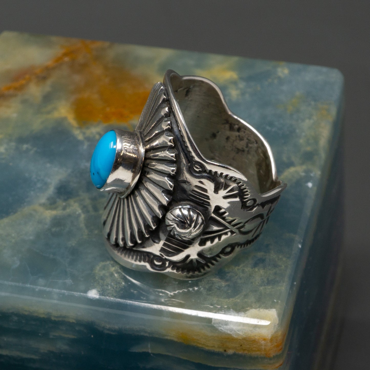 Turquoise Cabochon in Stamped Sterling Silver Ring | Size 8.25
