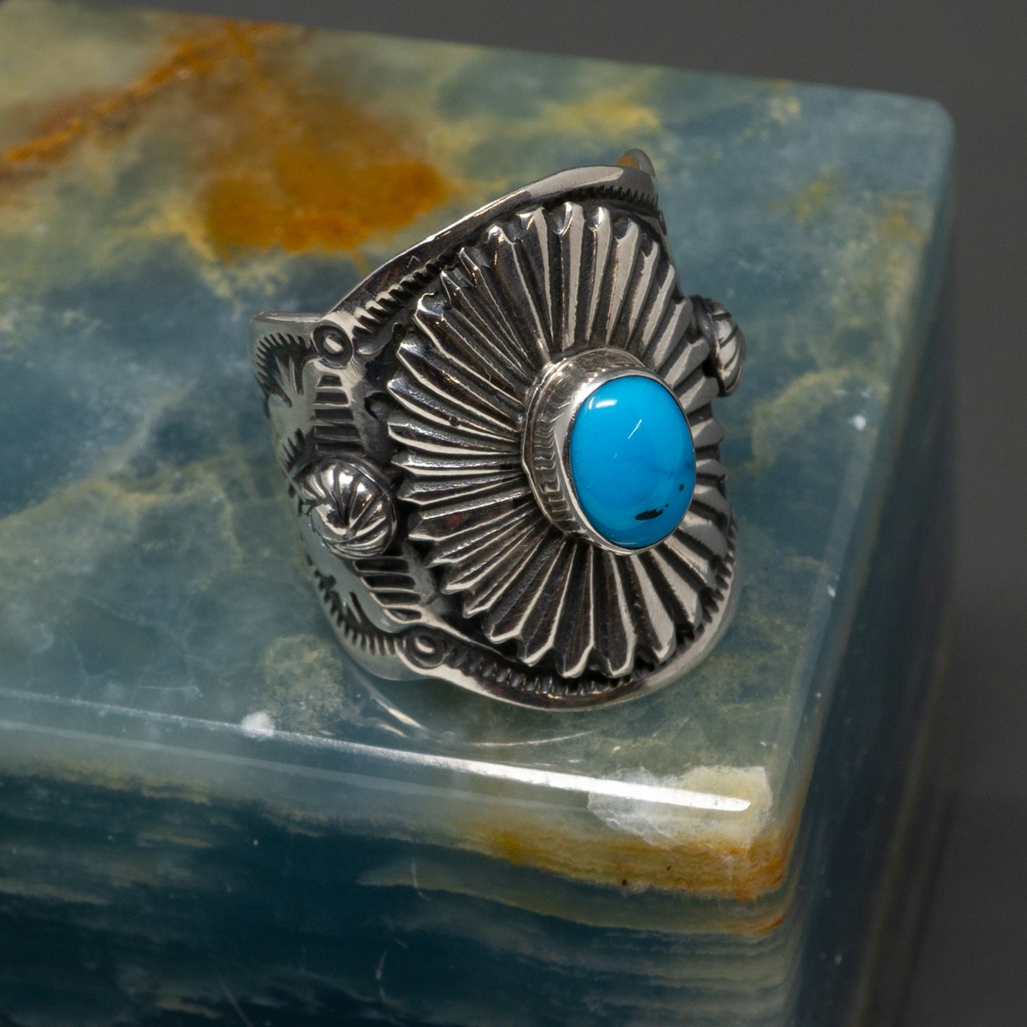 Turquoise Cabochon in Stamped Sterling Silver Ring | Size 8.25