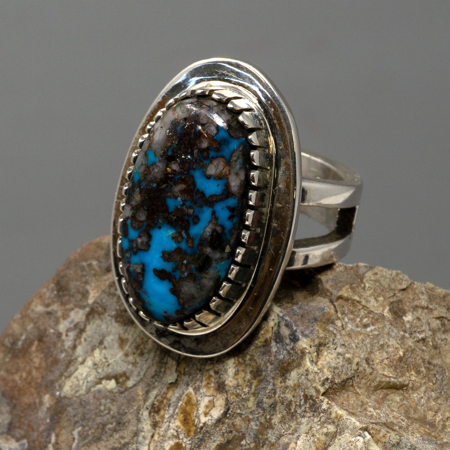 High-grade Morenci Turquoise in Polished Silver Ring by Marie Jackson | Size 9.5