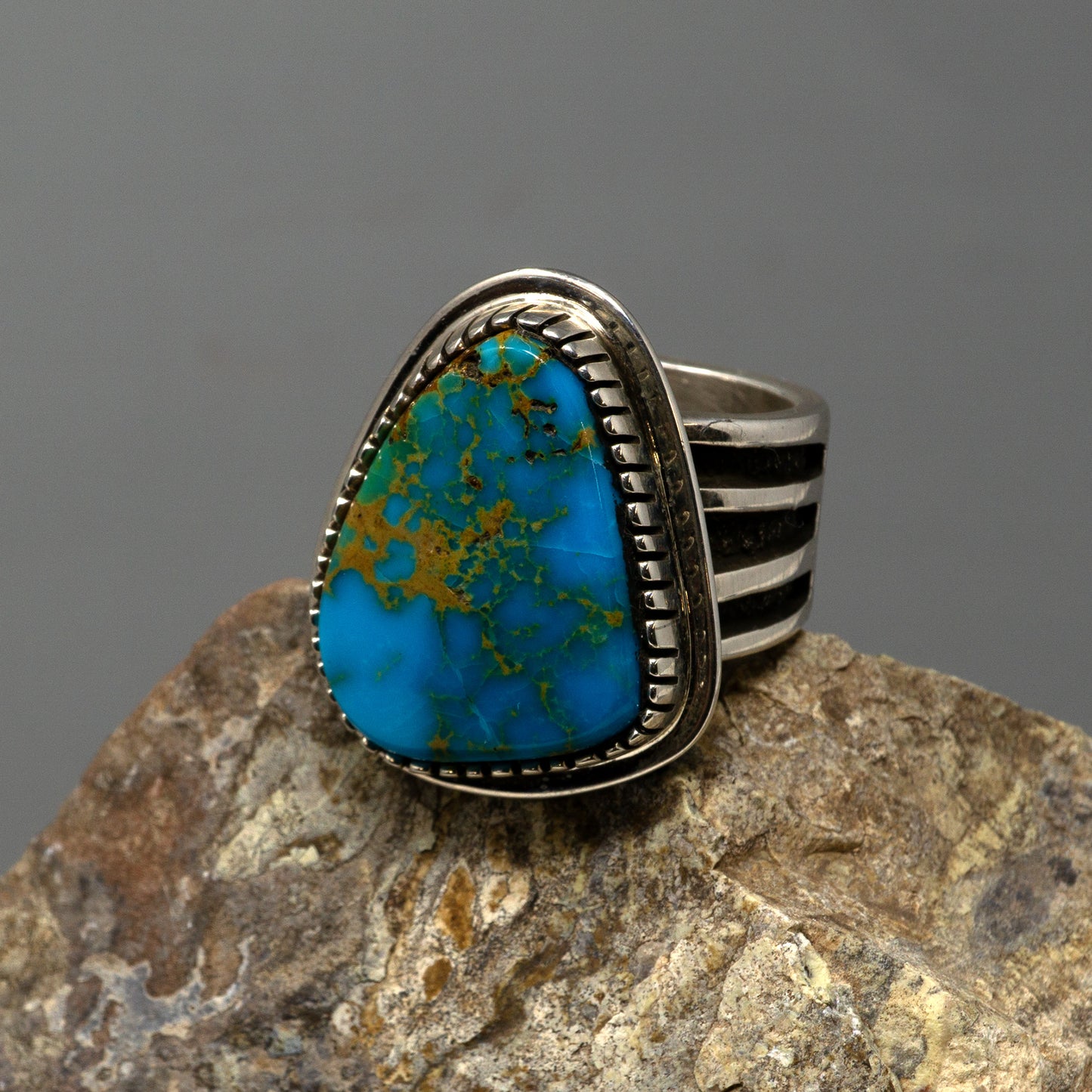 Blue Gem Turquoise in Overlayed Sterling Silver Ring By Tommy Jackson