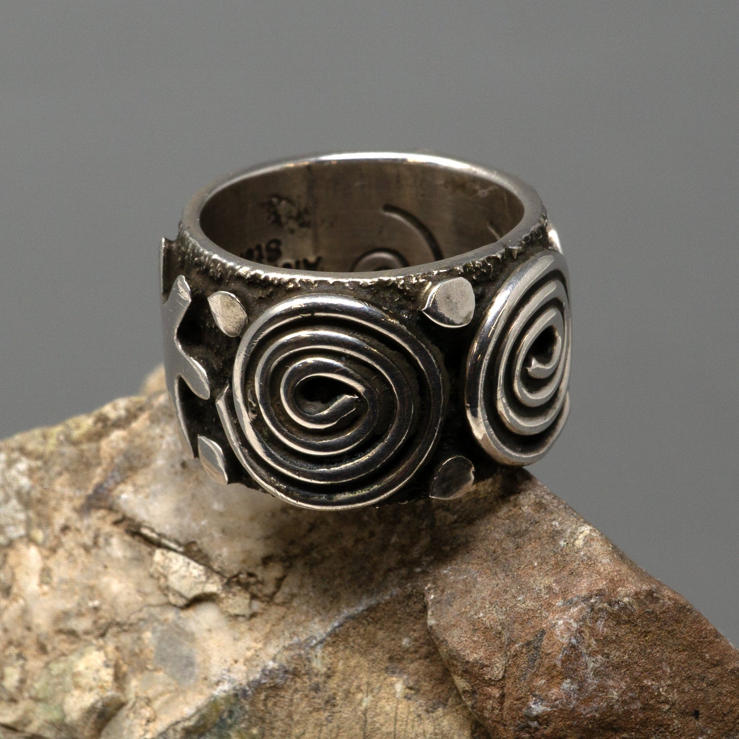 Sterling Silver Overlay Ring with spiral, hand and face designs | Alex Sanchez