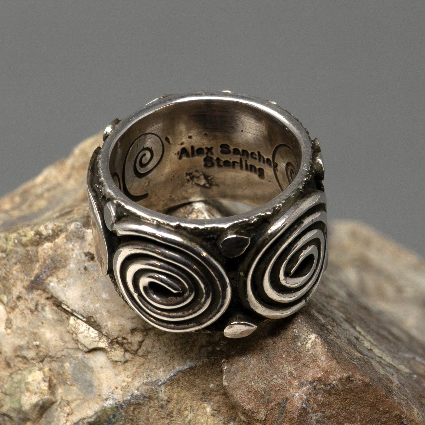 Sterling Silver Overlay Ring with spiral, hand and face designs | Alex Sanchez