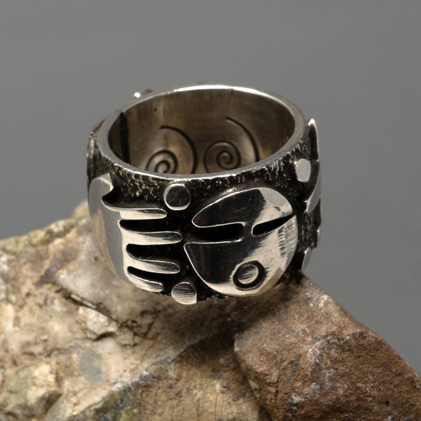 Sterling Silver Overlay Ring with spiral, hand and face designs | Alex Sanchez