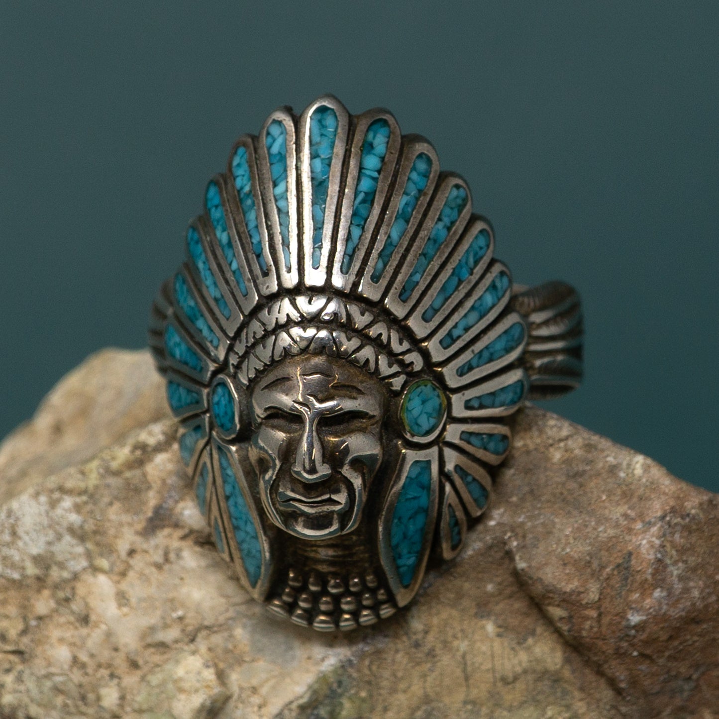 Crushed Turquoise Inlay Bust with Headress Silver Ring | Size 14.5