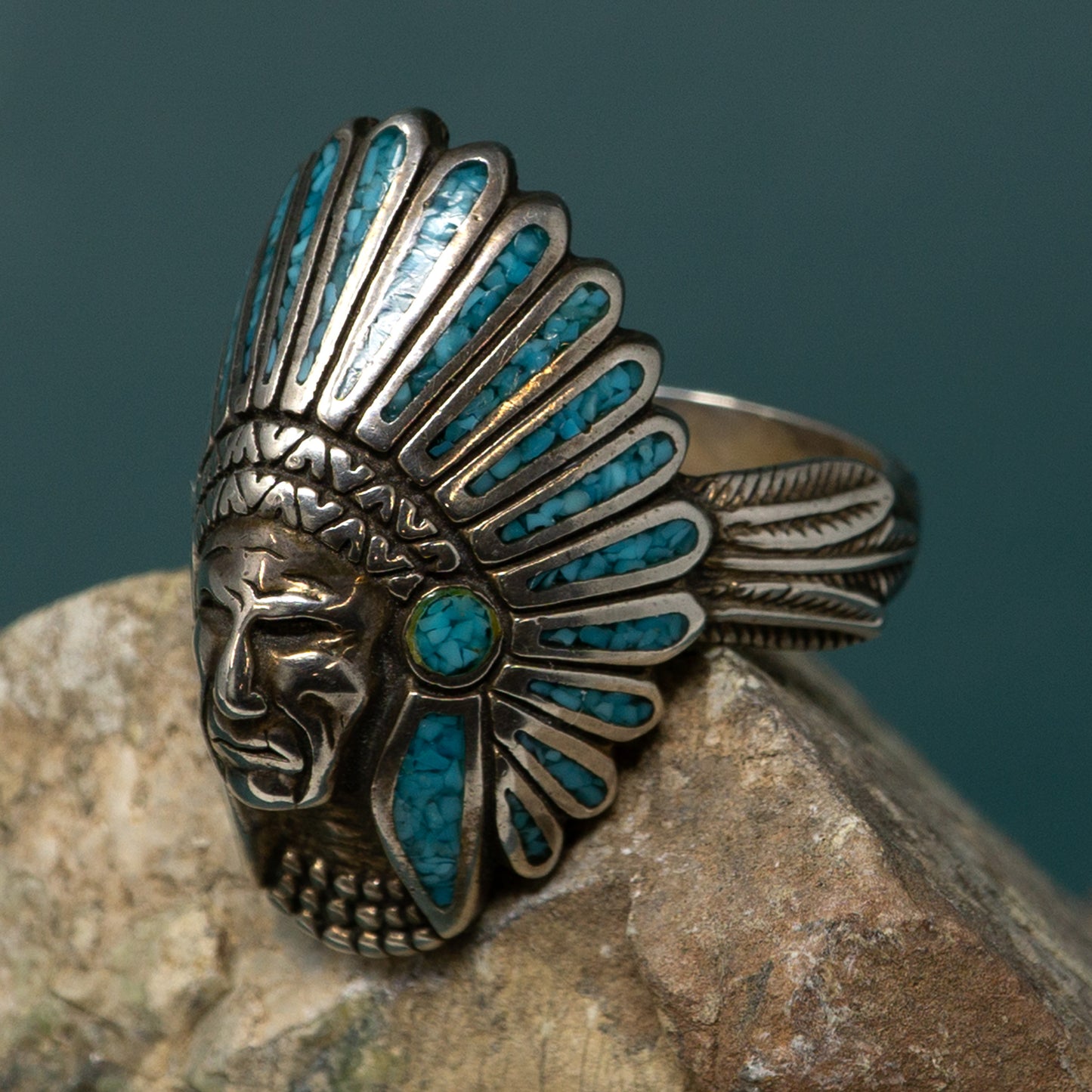 Crushed Turquoise Inlay Bust with Headress Silver Ring | Size 14.5