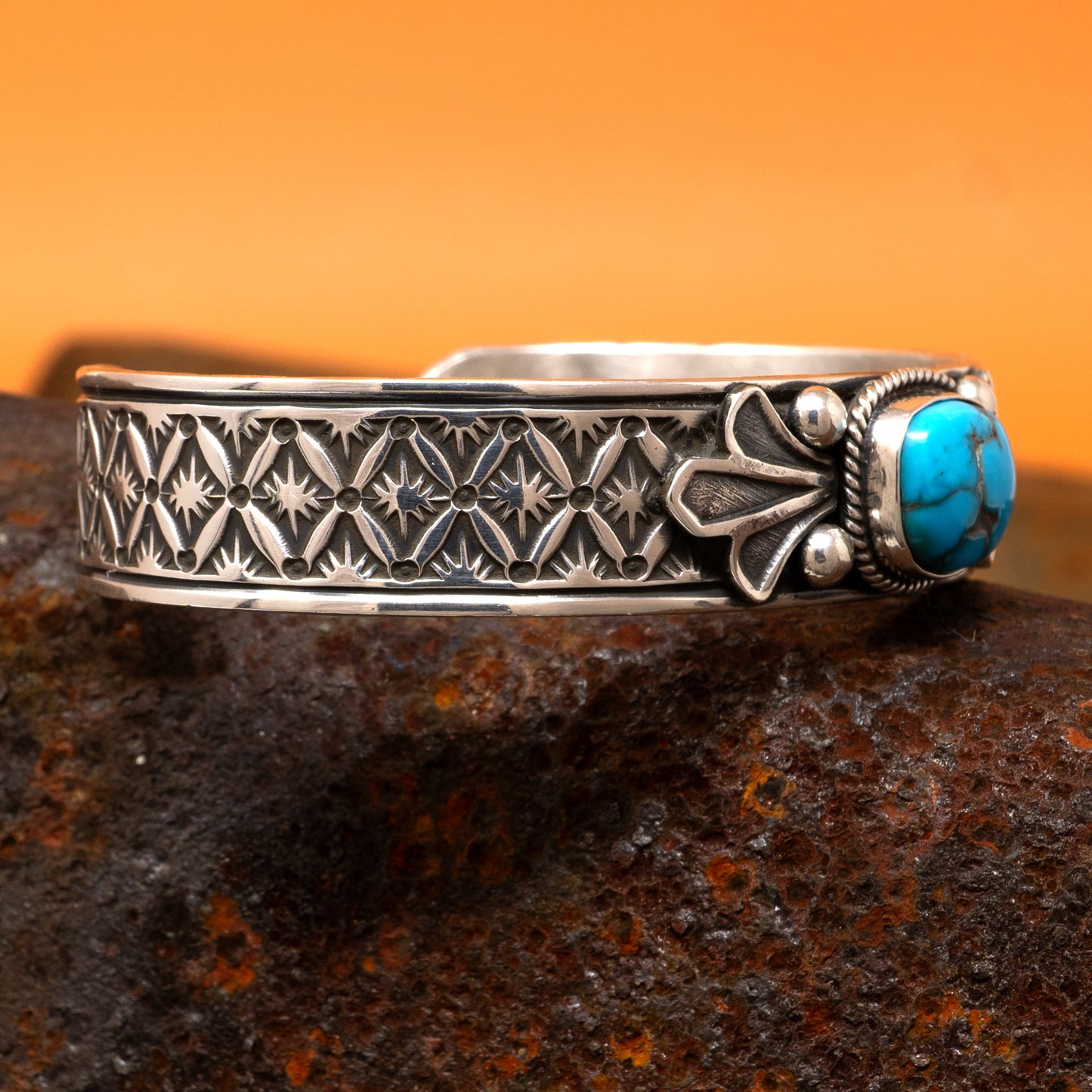 Apache Blue Turquoise in Stamped Silver Cuff Bracelet | Bo Reeves