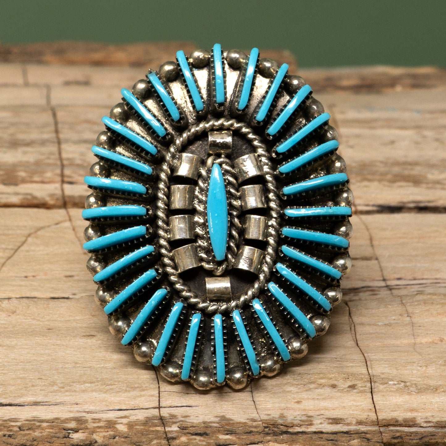 Traditional Zuni Petit Point Turquoise Sterling Silver Ring | Size 6.75