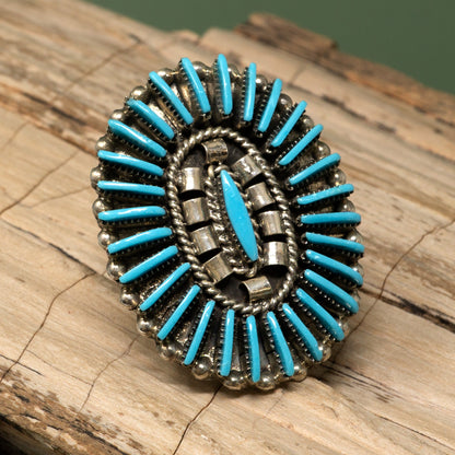 Traditional Zuni Petit Point Turquoise Sterling Silver Ring | Size 6.75