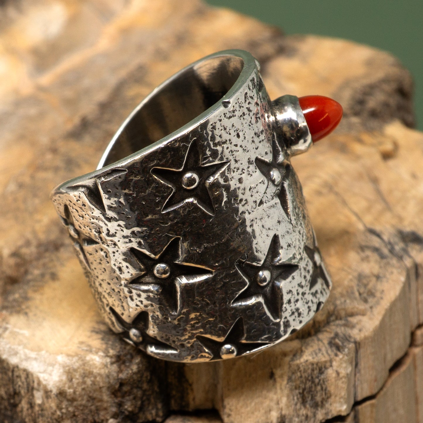 Coral in Cast Sterling Silver Star-Patterned Ring by Monty Claw | Size 7.75