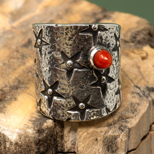 Coral in Cast Sterling Silver Star-Patterned Ring by Monty Claw | Size 7.75