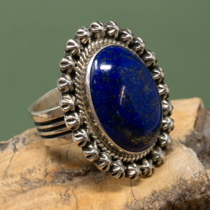Lapis Lazuli Oval Cabochon in Classic Sterling Silver Ring Setting | Size 7