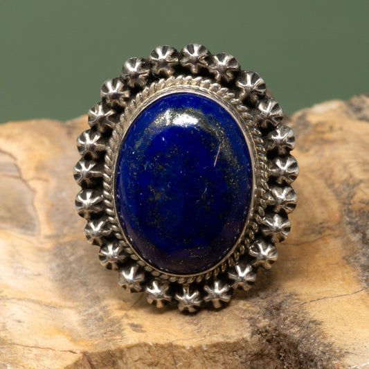 Lapis Lazuli Oval Cabochon in Classic Sterling Silver Ring Setting | Size 7