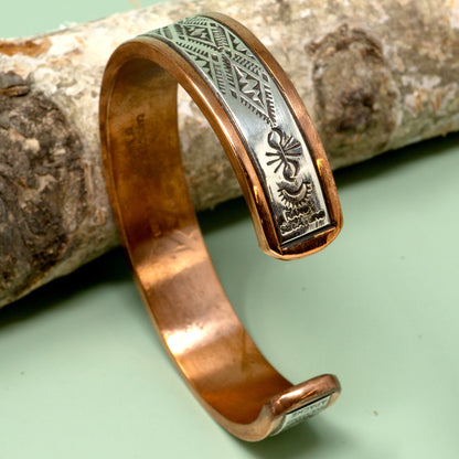 Copper Cuff Bracelet with Stamped Sterling Silver Inlay | 1/2" Width