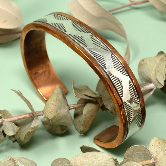 Copper Cuff Bracelet with Stamped Sterling Silver Inlay | Wylie Secatero