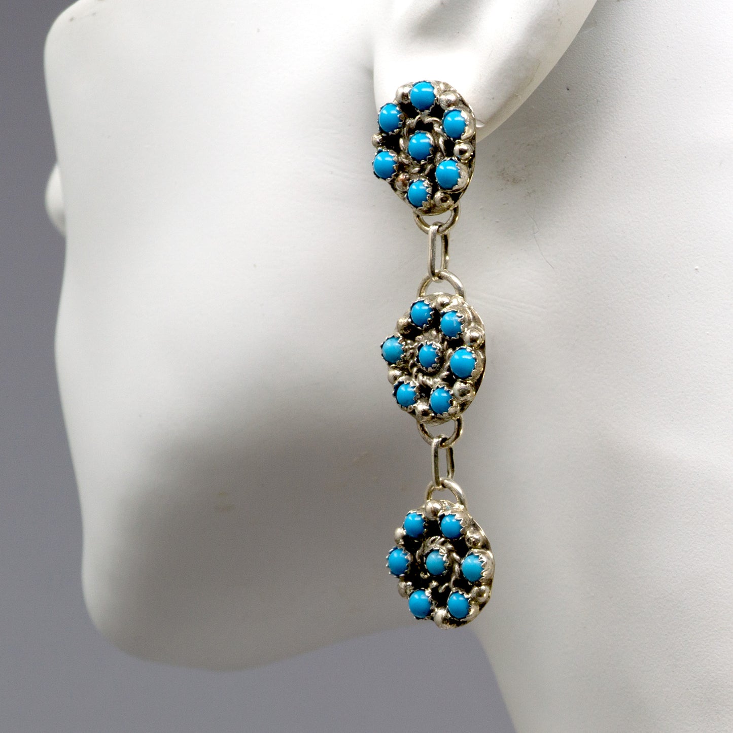 Sleeping Beauty Turquoise Earrings - Three Circles with Nine Cabochon Each