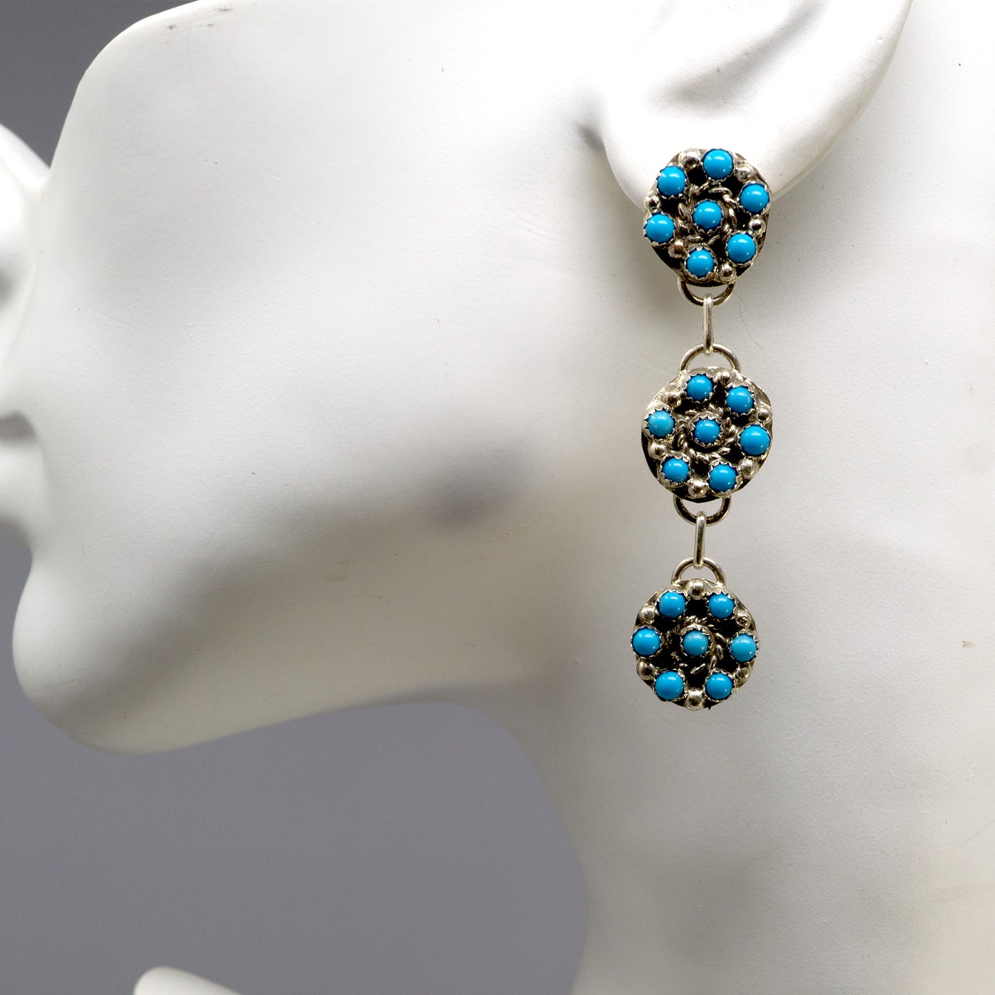 Sleeping Beauty Turquoise Earrings - Three Circles with Nine Cabochon Each