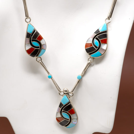 Sleeping Beauty Turquoise, Coral & Abalone 3 Teardrop Inlay Pendant Linked Necklace and Earring Set