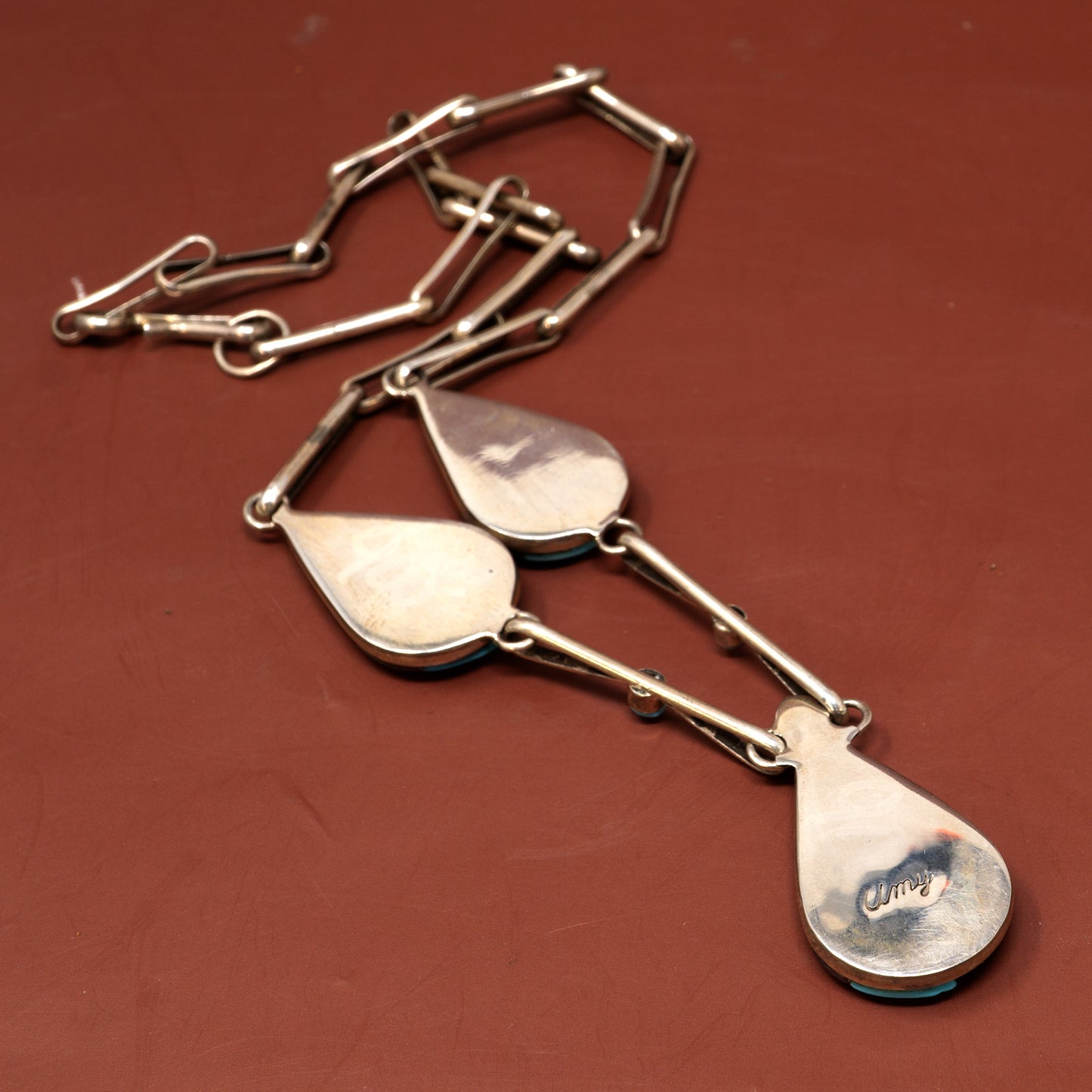 Sleeping Beauty Turquoise, Coral & Abalone 3 Teardrop Inlay Pendant Linked Necklace and Earring Set