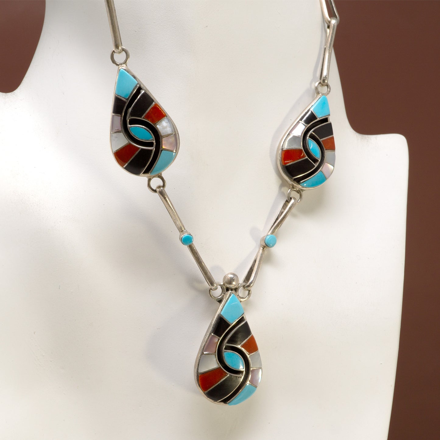 Sleeping Beauty Turquoise, Coral & Abalone 3 Teardrop Inlay Pendant Linked Necklace and Earring Set