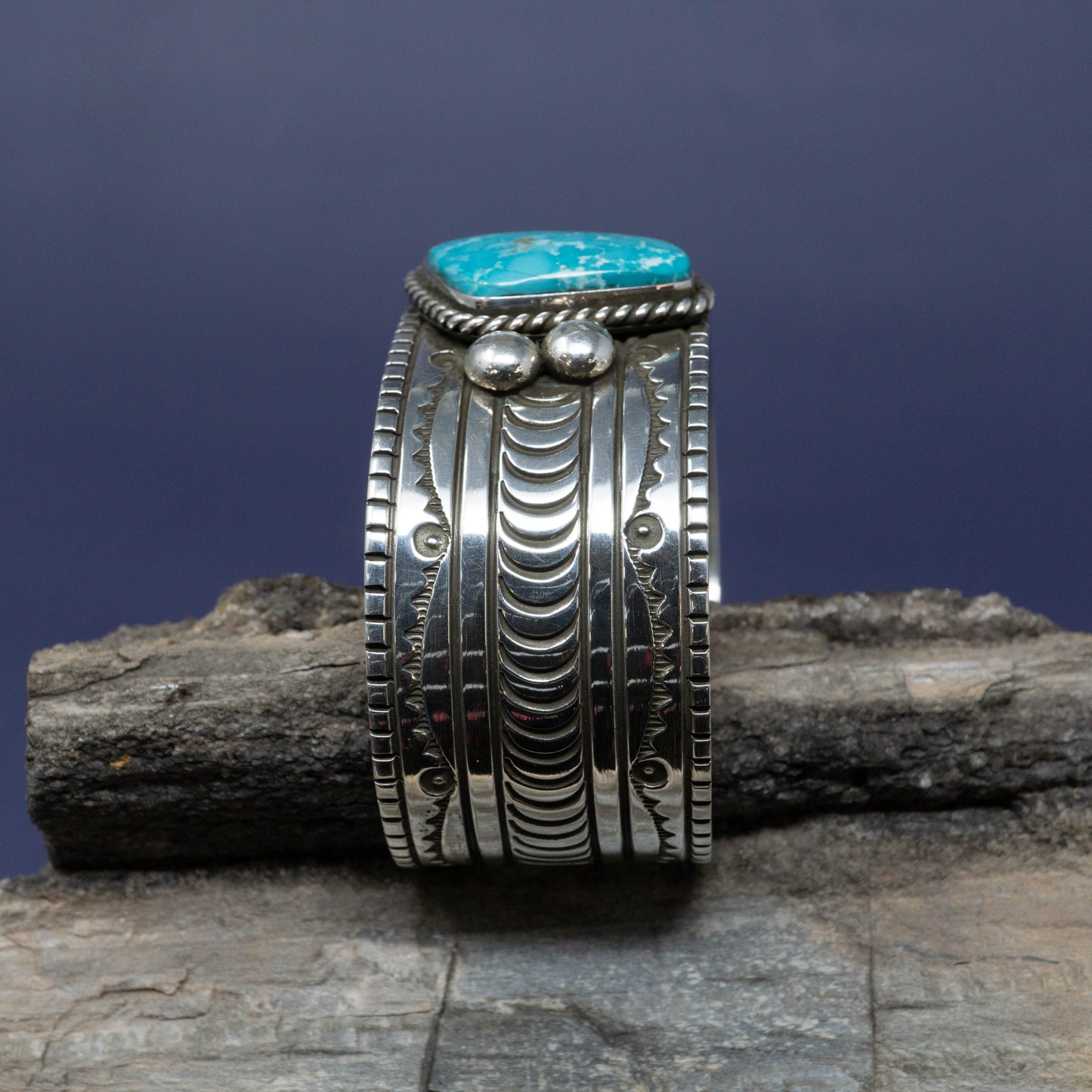 Navajo Stamped Sterling Silver Cuff with Birdseye Turquoise by Francis Melvin