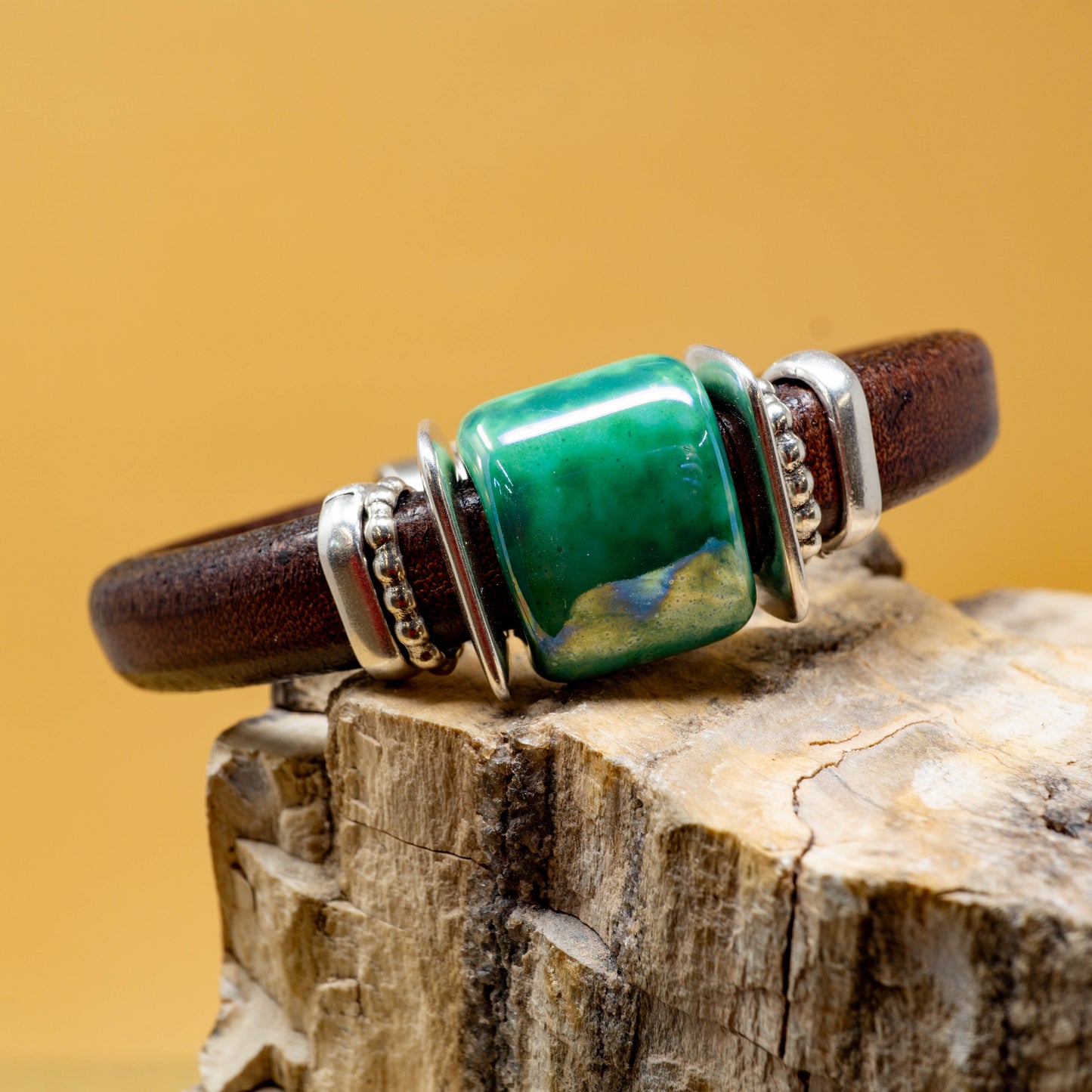 Western Cedar Brown Leather Bracelet with Ceramic Bead and Sterling Silver Plate Accents