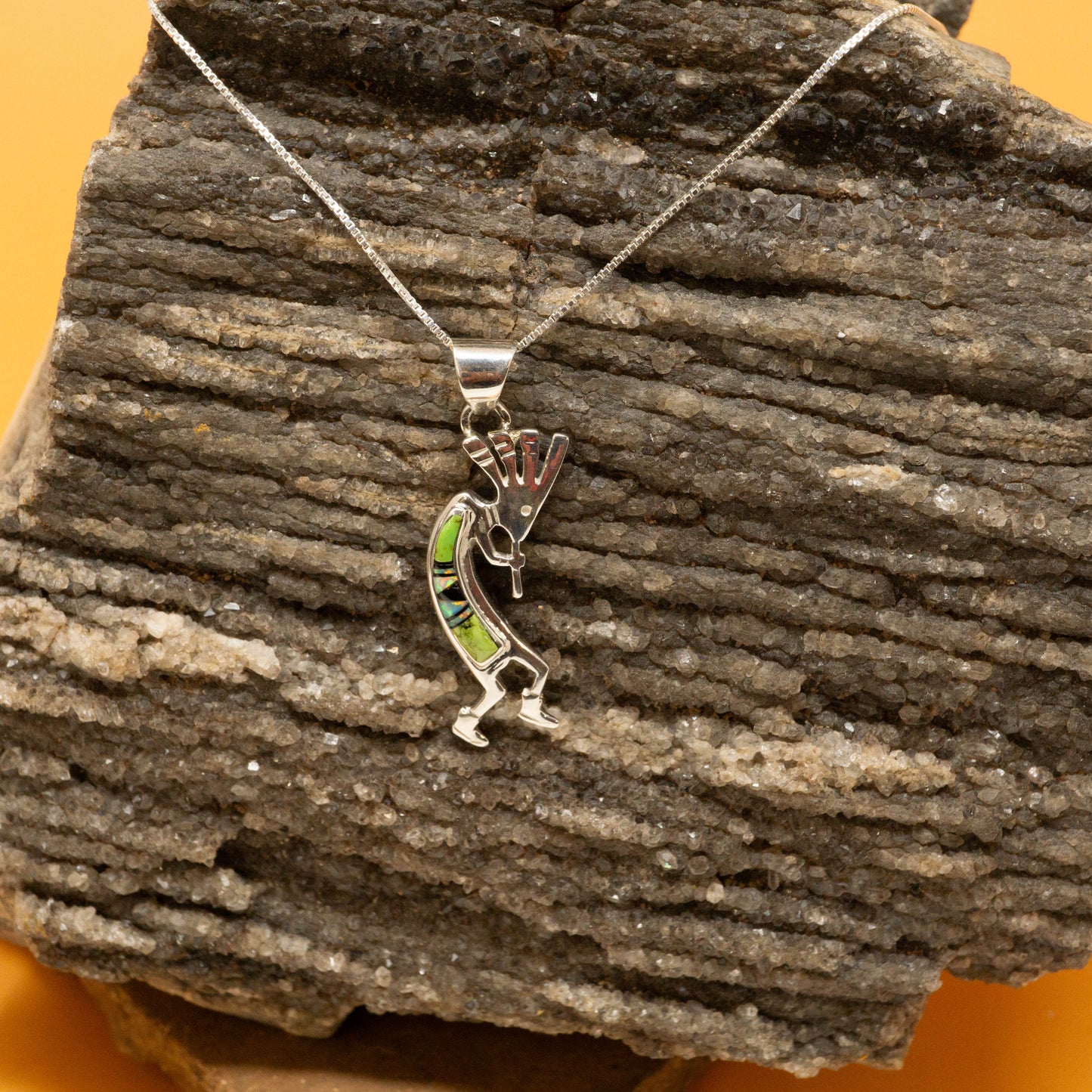 Sterling Silver Kokopelli Necklace with Gaspeite, Opal and Onyx Inlay