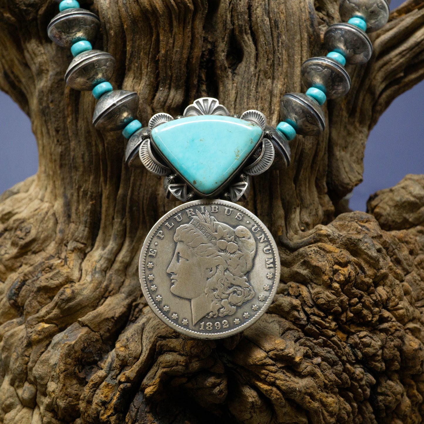 Sterling Silver Kingman Turquoise Necklace with 1892 Sterling Silver Dollar  Coin and Dime "Pearls" By artist James McCabe