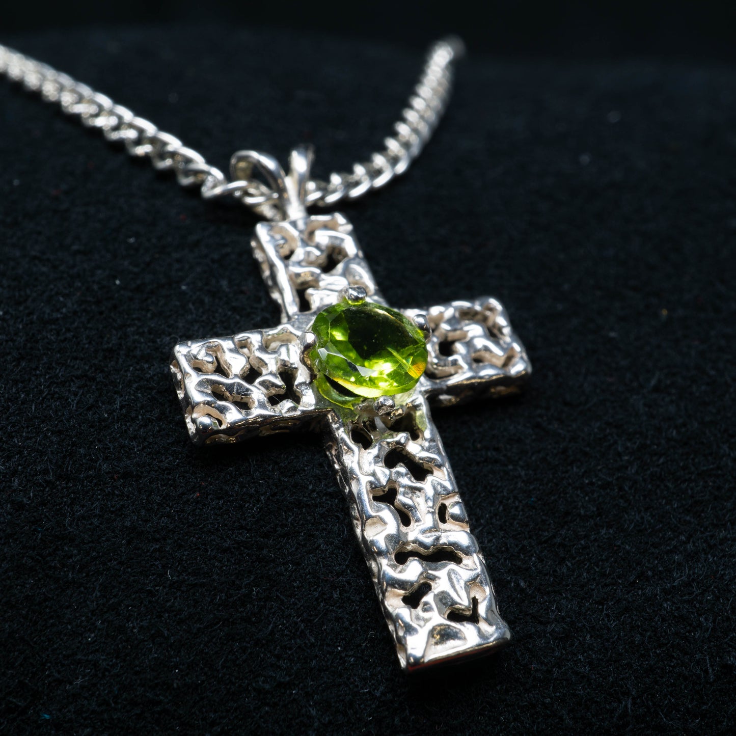 Sterling Silver Cross Necklace with Peridot Stone - 25" Chain