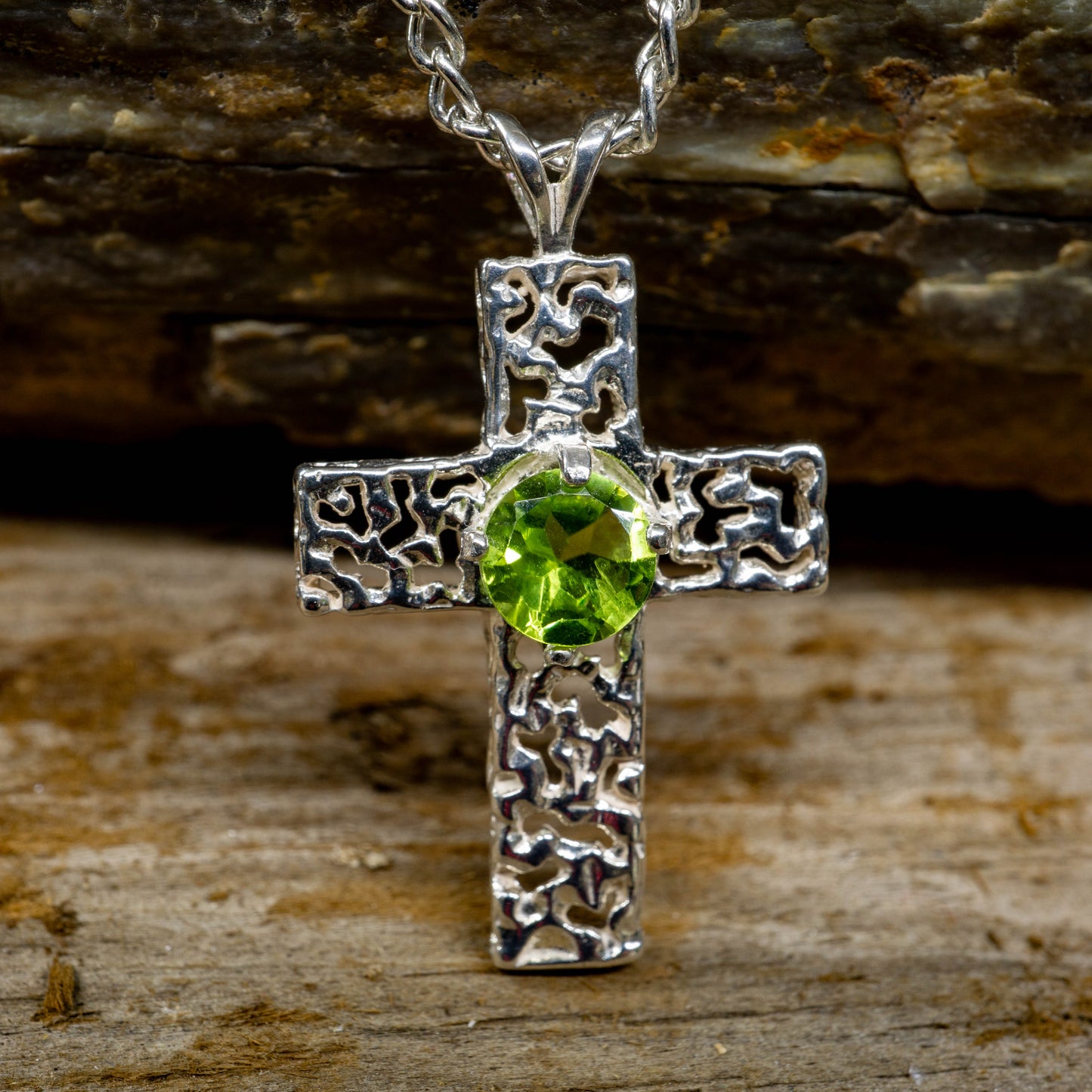 Sterling Silver Cross Necklace with Peridot Stone - 25" Chain